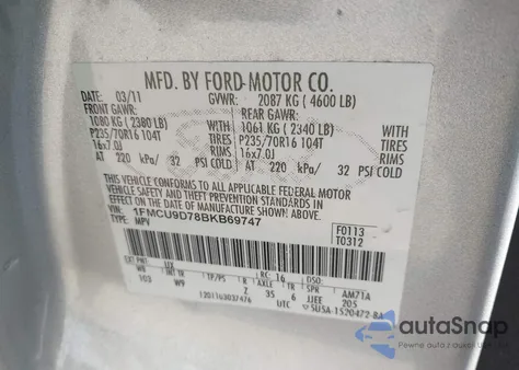 2011 Ford Escape Xlt из США, поврежденный, VIN 1FMCU9D78BKB69747